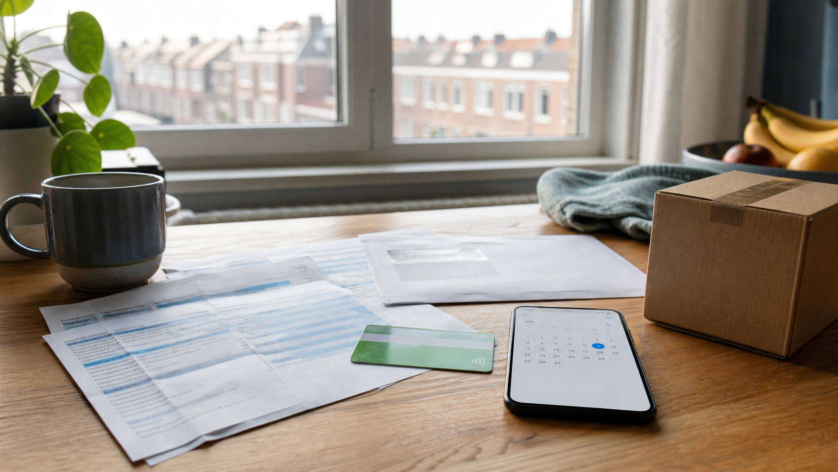 AI-foto van een Nederlandse keukentafel met loonstrook, huurbrief, ov-kaart, pakketdoos en huishoudelijke administratie als beeld bij wijzigingen per 1 juli.