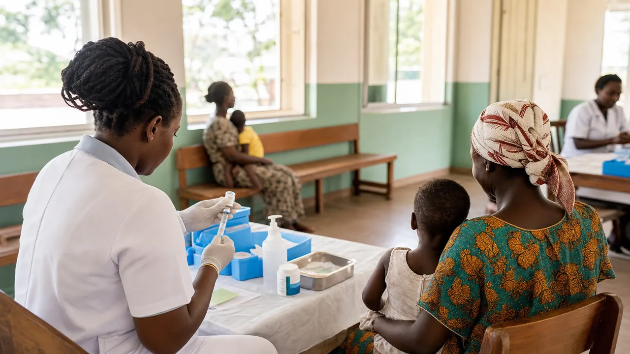 AI-foto van een zorgverlener in een kliniek die een vaccin voorbereidt terwijl een verzorger met een kind wacht, als generiek beeld bij malariavaccins.