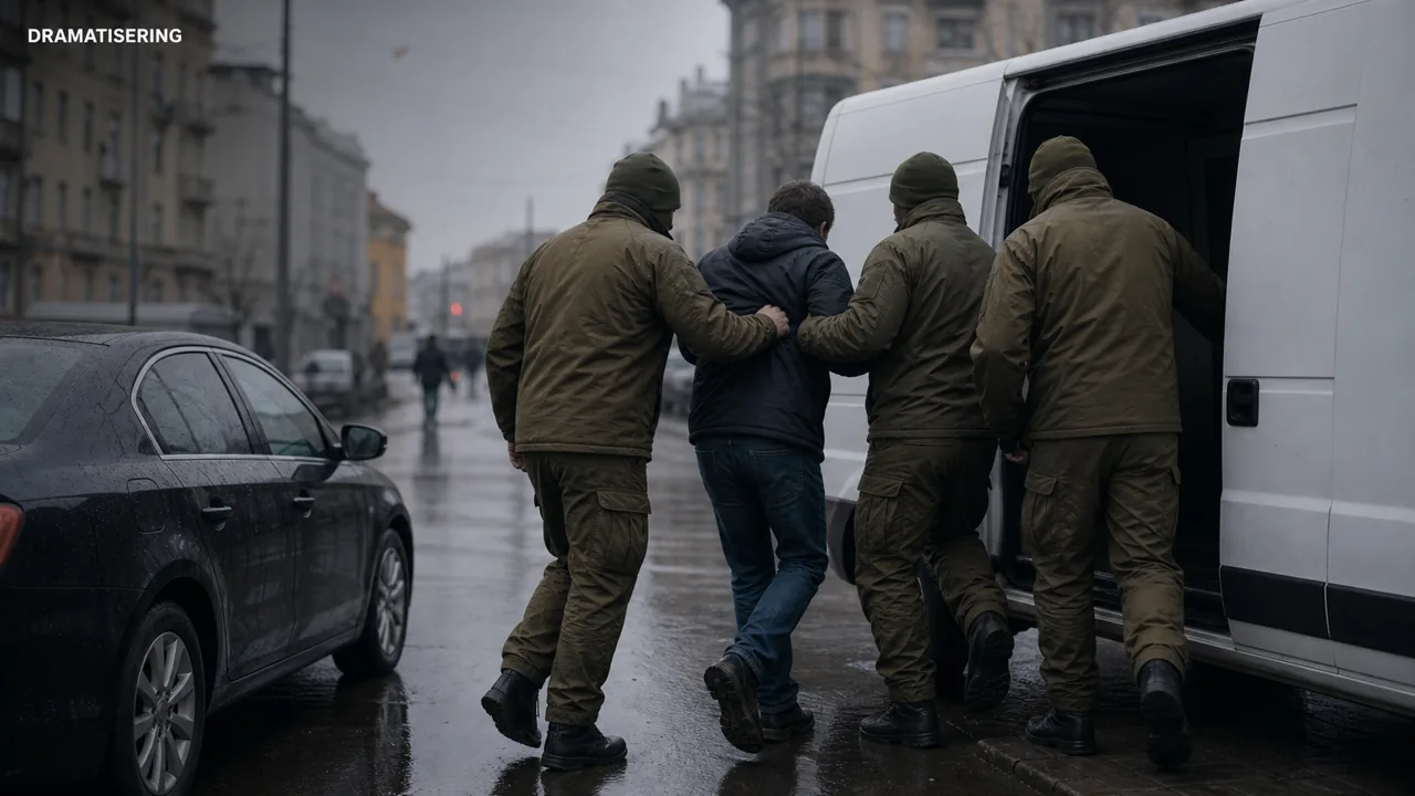 Geensceneerde AI-foto met zichtbaar label DRAMATISERING: een volwassen man wordt op een natte straat door generieke uniformdragers naar een busje geleid als beeld bij omstreden mobilisatiedruk. Geen foto van een specifiek incident.