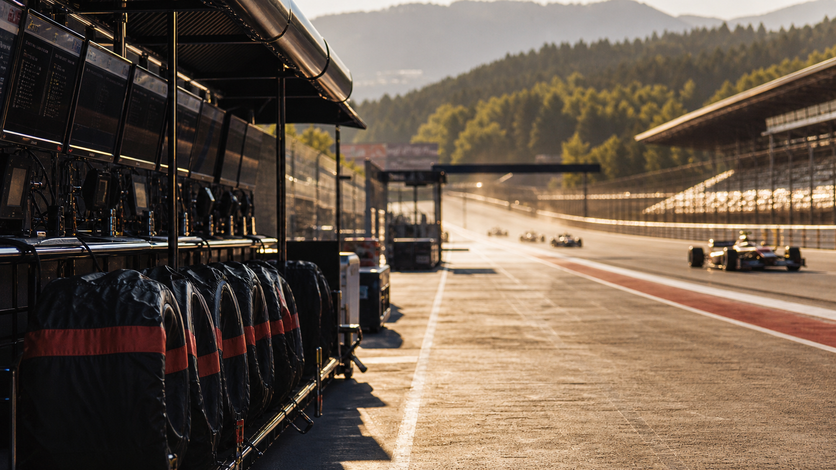 AI-foto van een Formule 1-pitmuur en pitstraat in Oostenrijk met racewagens in de verte als beeld bij de Grand Prix van Oostenrijk 2026.