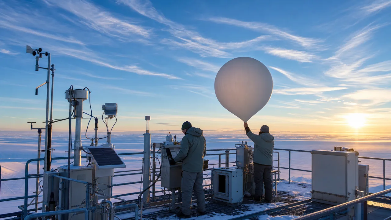 AI-foto van een atmosferisch meetstation bij zonsopkomst met een weerballon en onderzoekers, als generiek beeld bij het herstel van de ozonlaag.