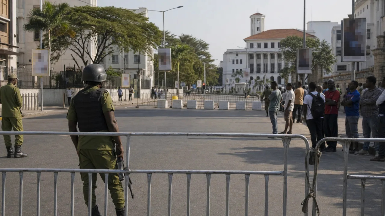 AI-foto van een straat in Dar es Salaam met politiebarrieres, burgers op afstand en een leeg publiek plein als beeld bij het verbod op politieke bijeenkomsten in Tanzania.