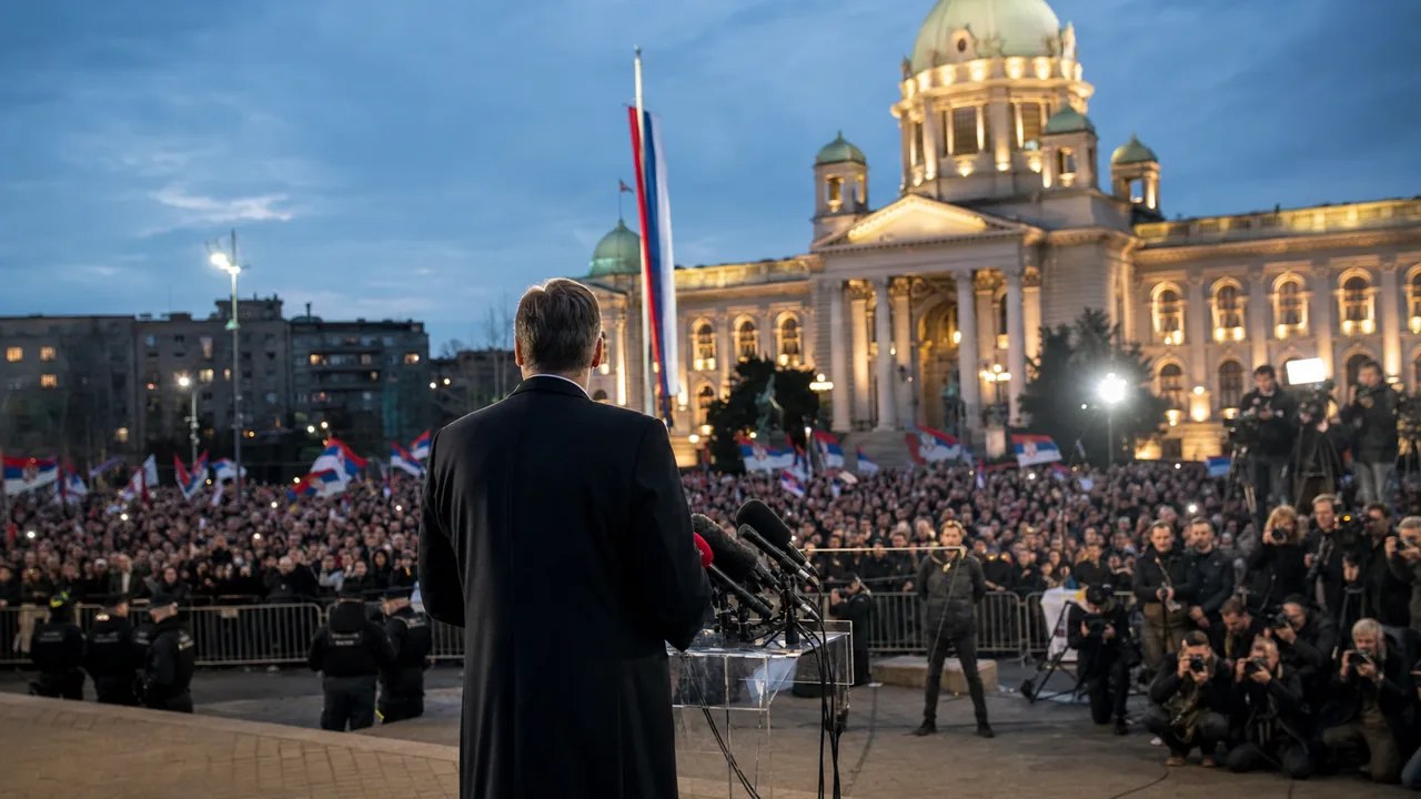 AI-foto van een politieke bijeenkomst in Belgrado met Servische vlaggen, perscamera's en politiehekken als beeld bij Vučićs aangekondigde aftreden en mogelijke verkiezingszet.