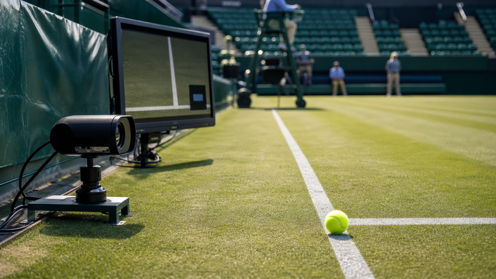 AI-foto van een generieke grasbaan met tennisbal bij de lijn, lijntechnologie en een courtside monitor als beeld bij Wimbledons elektronische arbitrage.