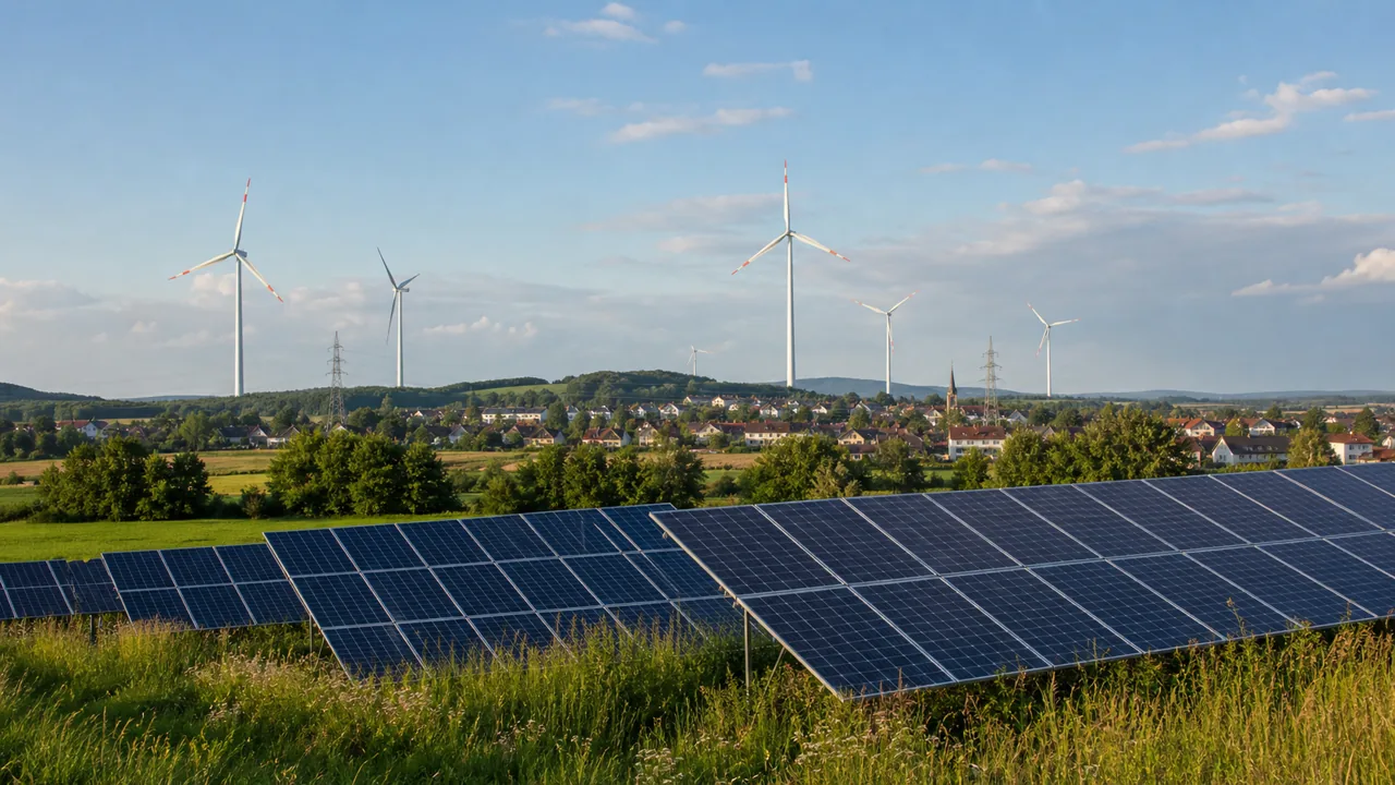 AI-foto van zonnepanelen op de voorgrond, windmolens en een Europees dorp op de achtergrond, als generiek beeld bij de groei van wind- en zonnestroom.