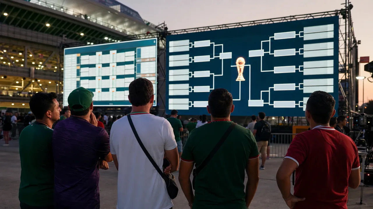 AI-foto van een stadionomgeving met supporters, perscamera's en grote bracket-schermen als beeld bij de WK-knock-outfase van 2026.
