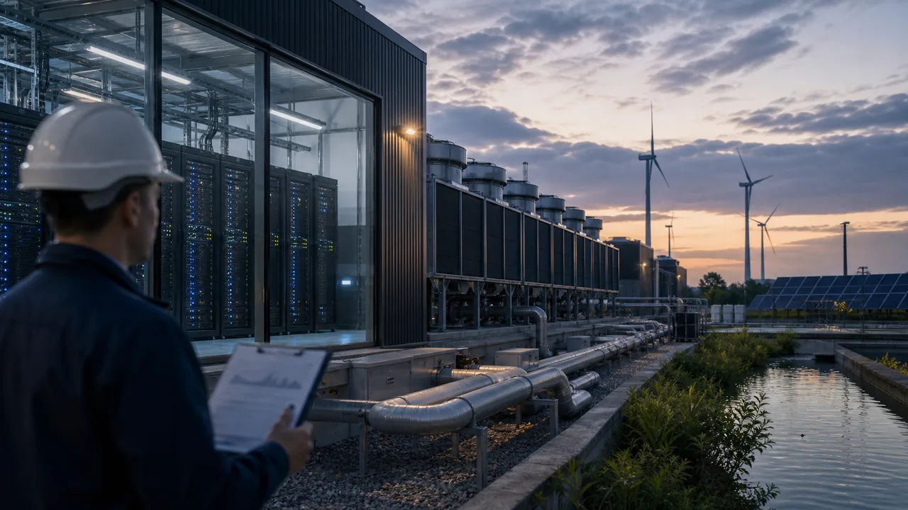AI-foto van een datacenter met koeling, waterleidingen, serverrekken, zonnepanelen en windmolens als beeld bij de milieuvoetafdruk van kunstmatige intelligentie.