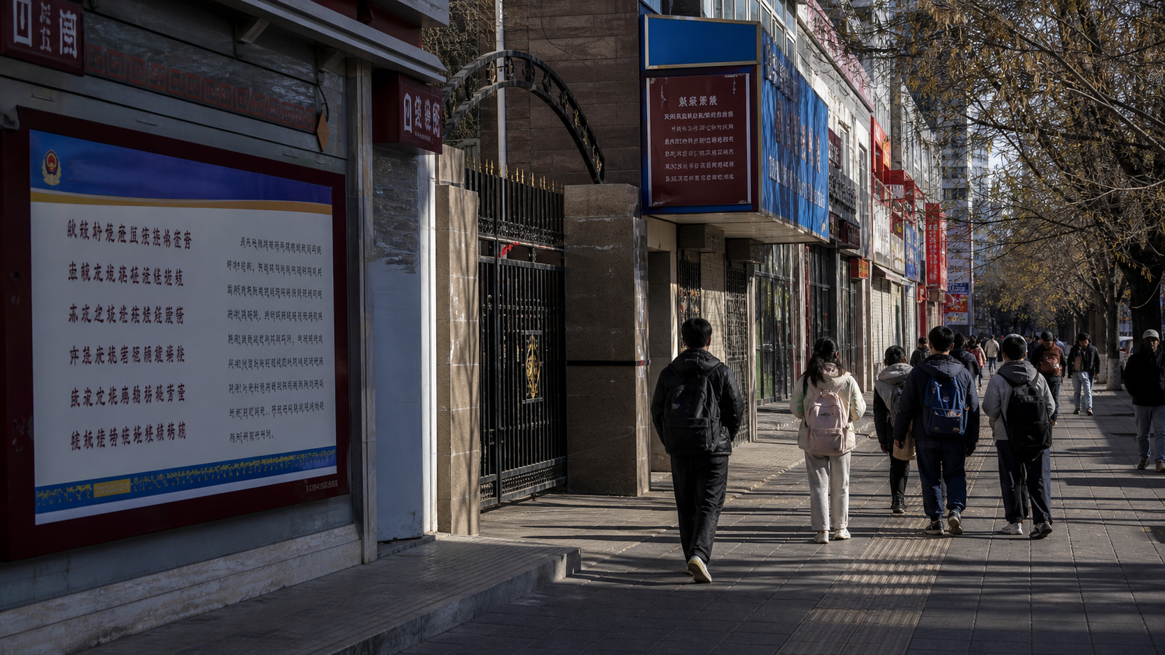 AI-foto van een Chinese stadsstraat met openbare borden en een schoolhek als beeld bij taalbeleid en minderheden.
