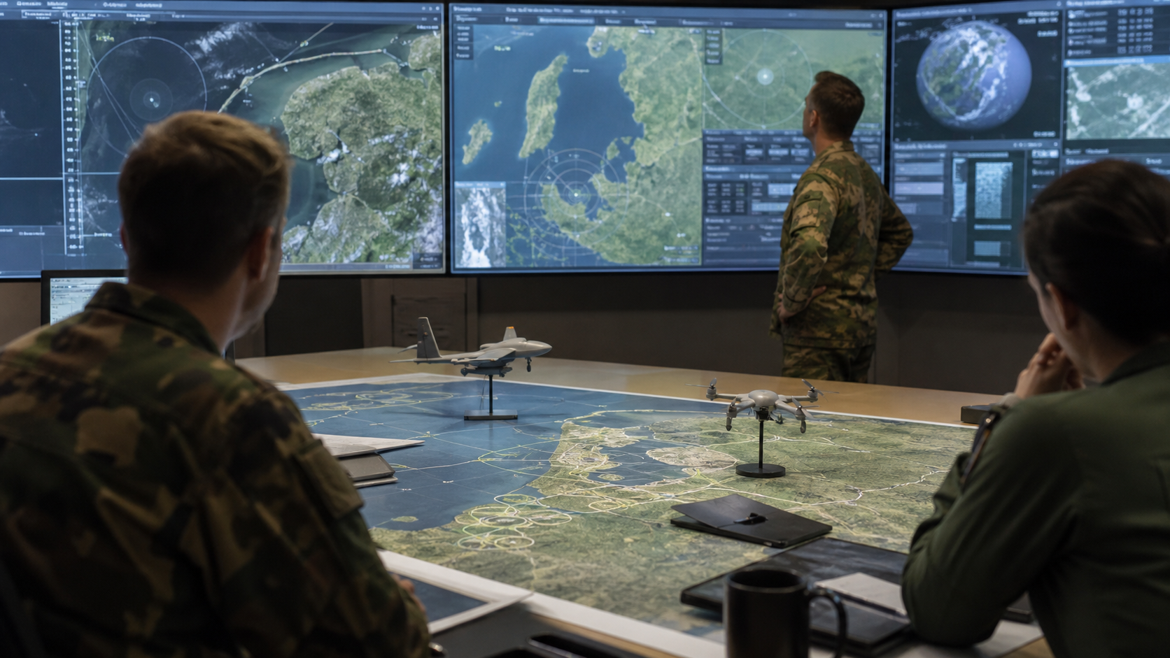 AI-foto van een Nederlandse militaire planningsruimte met kaart, drone-modellen en satellietschermen als beeld bij de Defensienota, drones en Space Command.