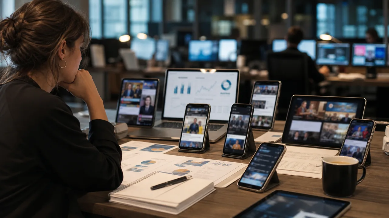 AI-foto van een onderzoeksdesk in een redactie met meerdere telefoons, tablets en onscherpe nieuwsinterfaces als beeld bij veranderend nieuwsgebruik.