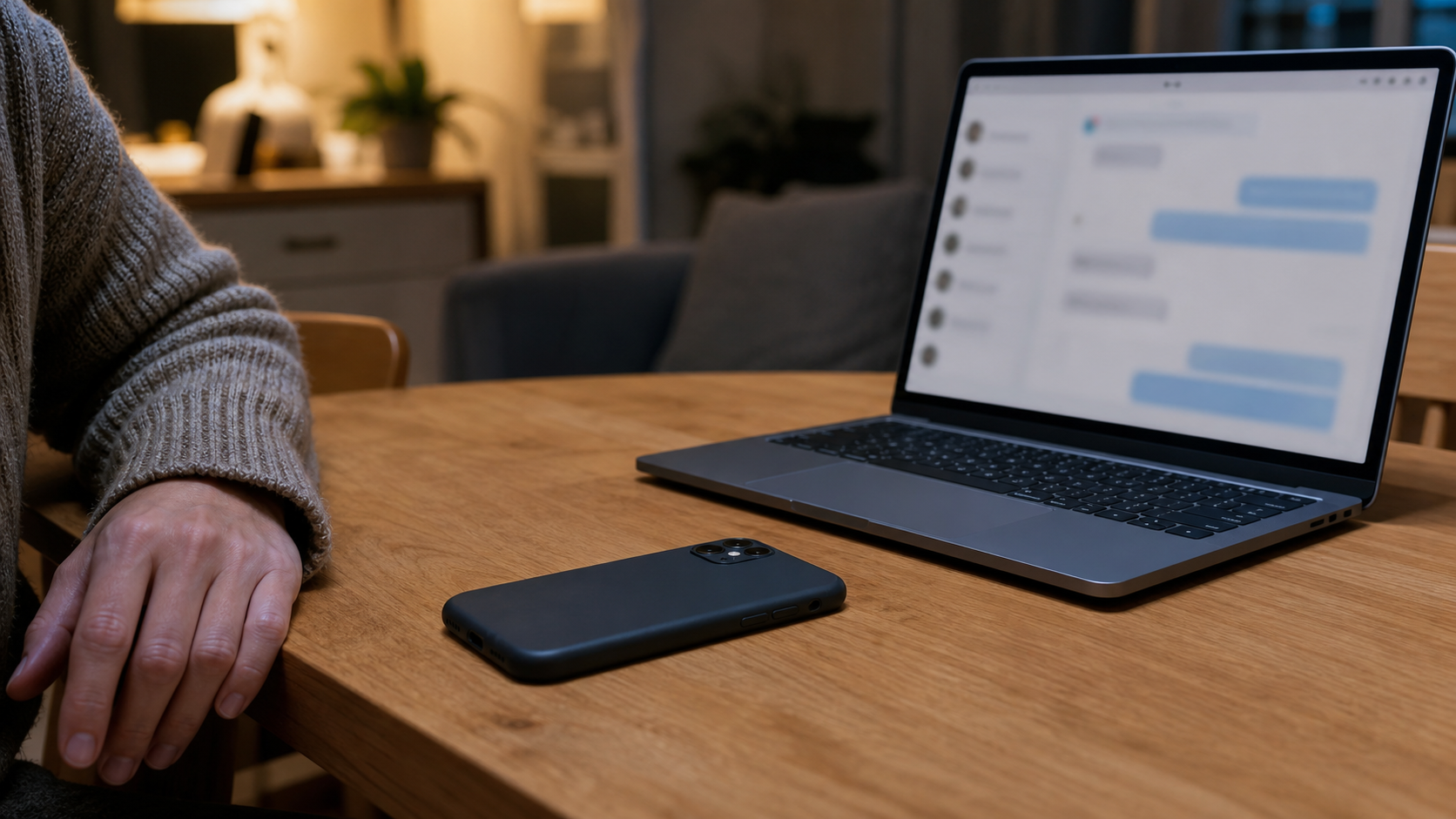 AI-foto van een smartphone en laptop met onscherpe chatinterface op een keukentafel als beeld bij online kindveiligheid.