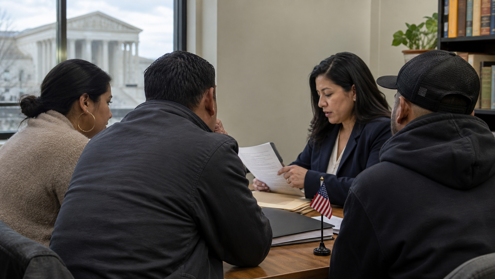 AI-foto van migranten en een juridisch adviseur in een Amerikaans kantoor met rechtbank op de achtergrond als beeld bij Temporary Protected Status.