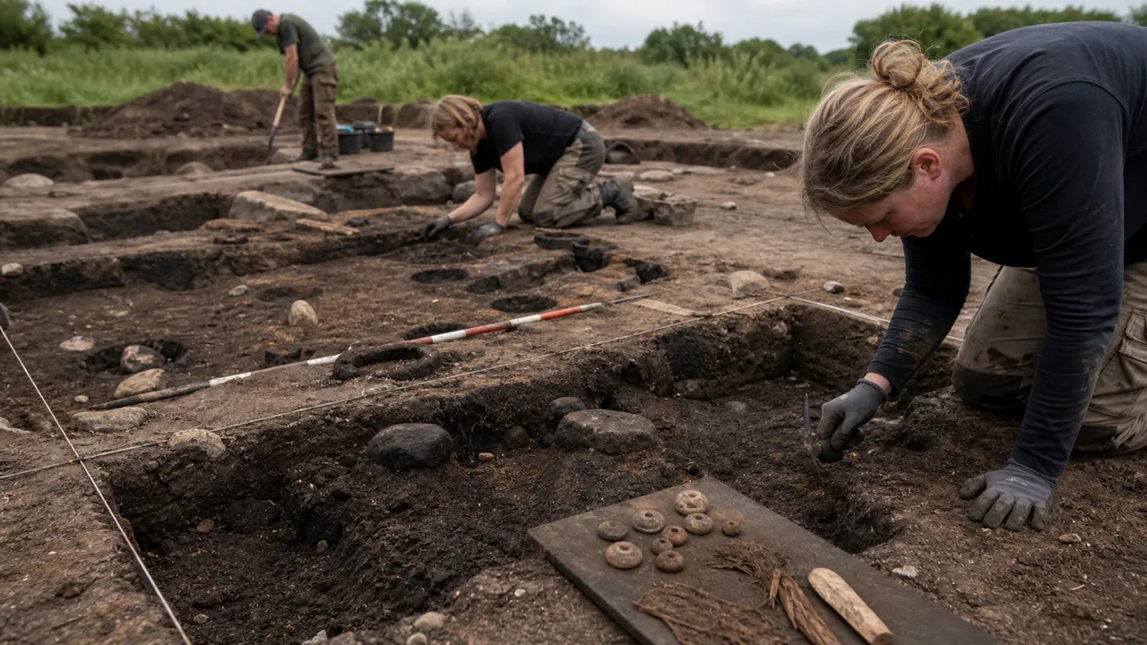 AI-foto van een archeologische opgraving in Denemarken met kuilhuizen, meetlatten, onderzoekers en kleine weefgewichten als beeld bij Vikingtijd-textielproductie.