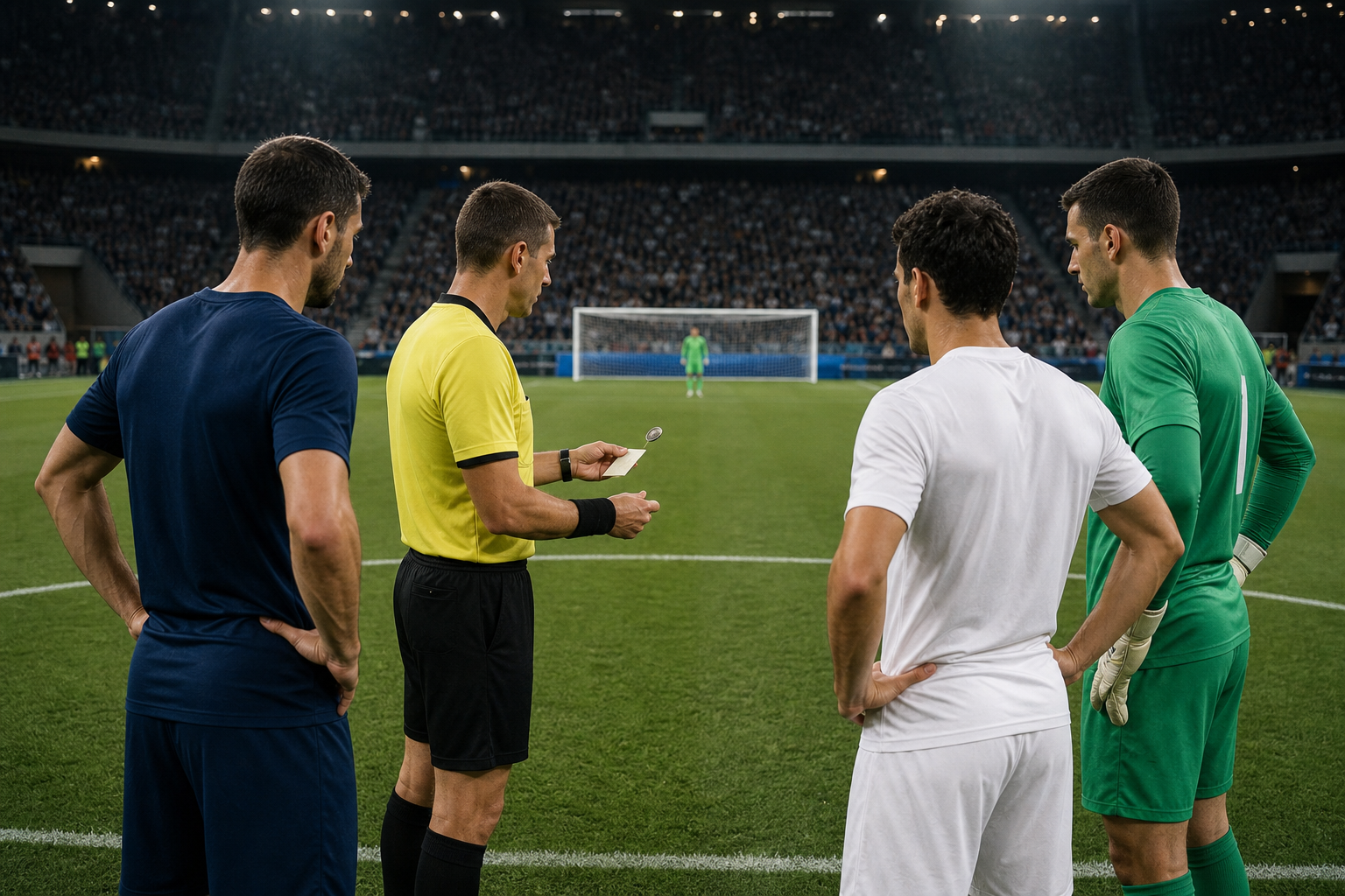 AI-foto van een scheidsrechter met munt en spelers die wachten in een voetbalstadion als beeld bij WK-penaltyshootouts en regels.