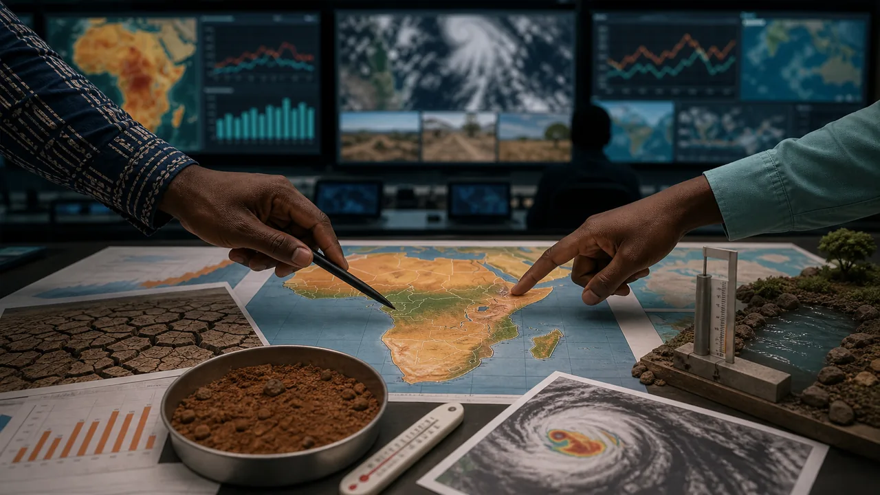AI-foto van een klimaatmonitoringtafel met kaart van Afrika, droge bodem, weerdata en stormbeelden als beeld bij WMO-klimaatrapportage.