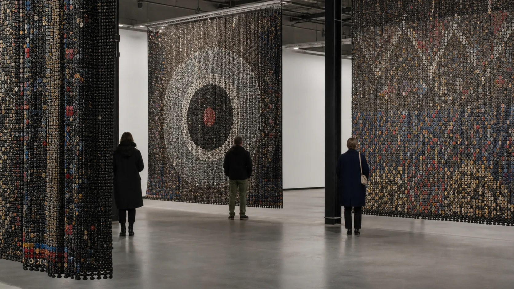 AI-foto van een grote moderne galerieruimte met monumentale panelen van duizenden buttons en anonieme bezoekers als beeld bij Ai Weiwei's Button Up.
