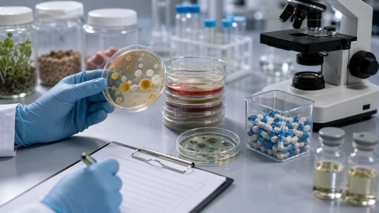 AI-foto van een laboratoriumtafel met petrischalen, antibioticacapsules, microscoop en monsters als beeld bij antibioticaresistentie.