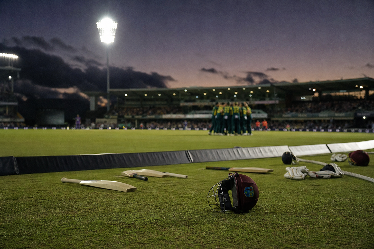 AI-foto van een cricketveld onder stadionlichten na een vrouwenwedstrijd, met bats, helmen en een verre niet-herkenbare viering.