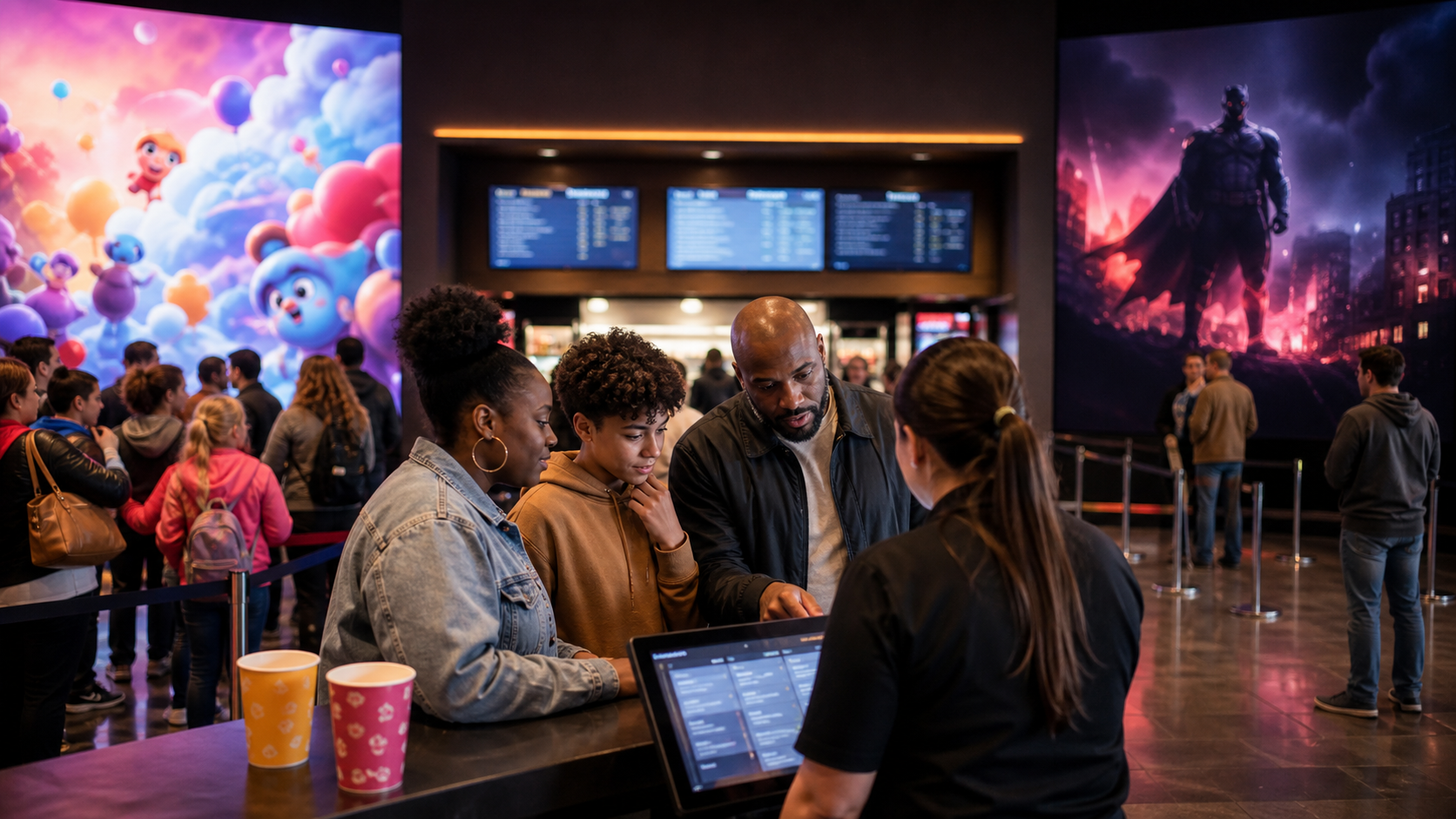 AI-foto van een bioscooplobby met bezoekers bij de kassa en generieke kleurrijke familiefilmbeelden naast een donker superheldenbeeld als illustratie bij boxoffice-franchises.