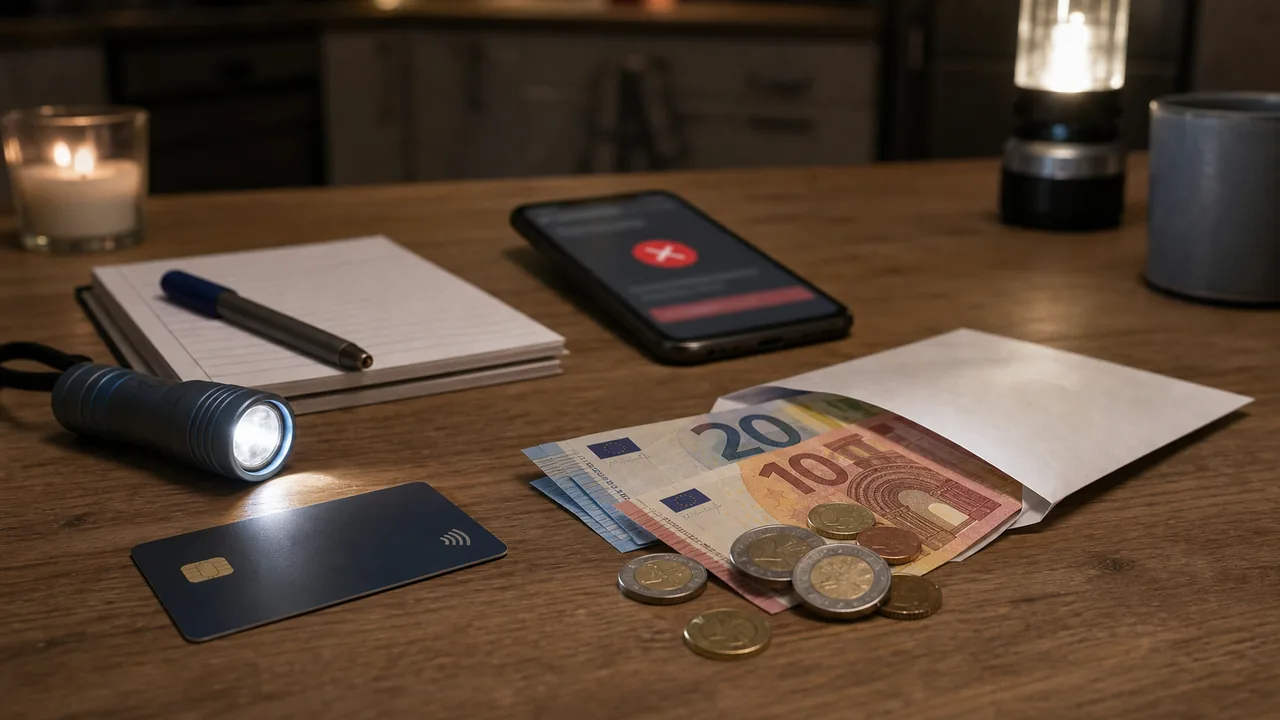 AI-foto van eurobiljetten en munten in een envelop op een keukentafel, met bankpas, telefoon met wazige foutmelding en zaklamp als beeld bij cash als noodreserve.
