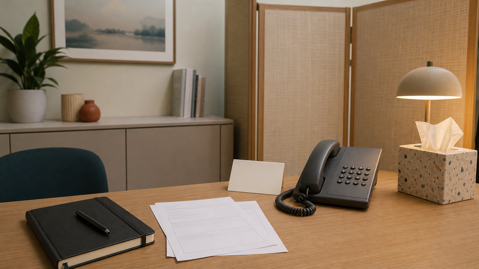 AI-foto van een rustige hulpverleningsruimte met telefoon, tissues, intakeformulieren en zachte lamp als beeld bij meldingen van seksueel geweld.