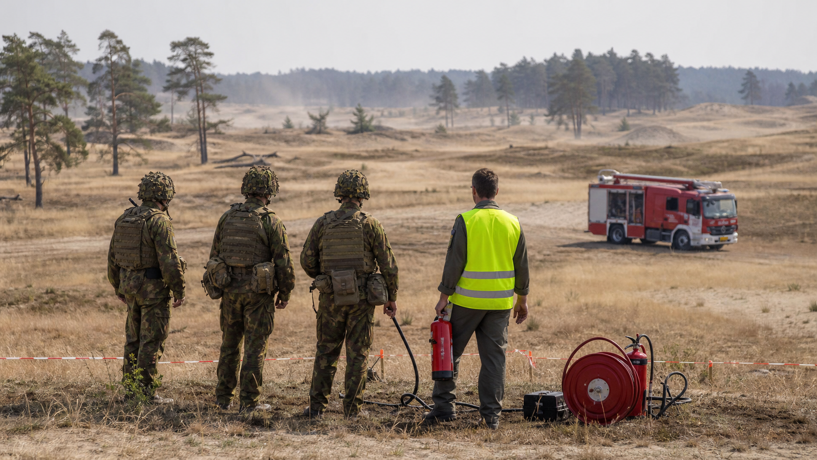 AI-foto van een droog Nederlands militair oefenterrein met brandweer paraat op afstand als beeld bij Defensie-oefeningen en natuurbrandrisico.