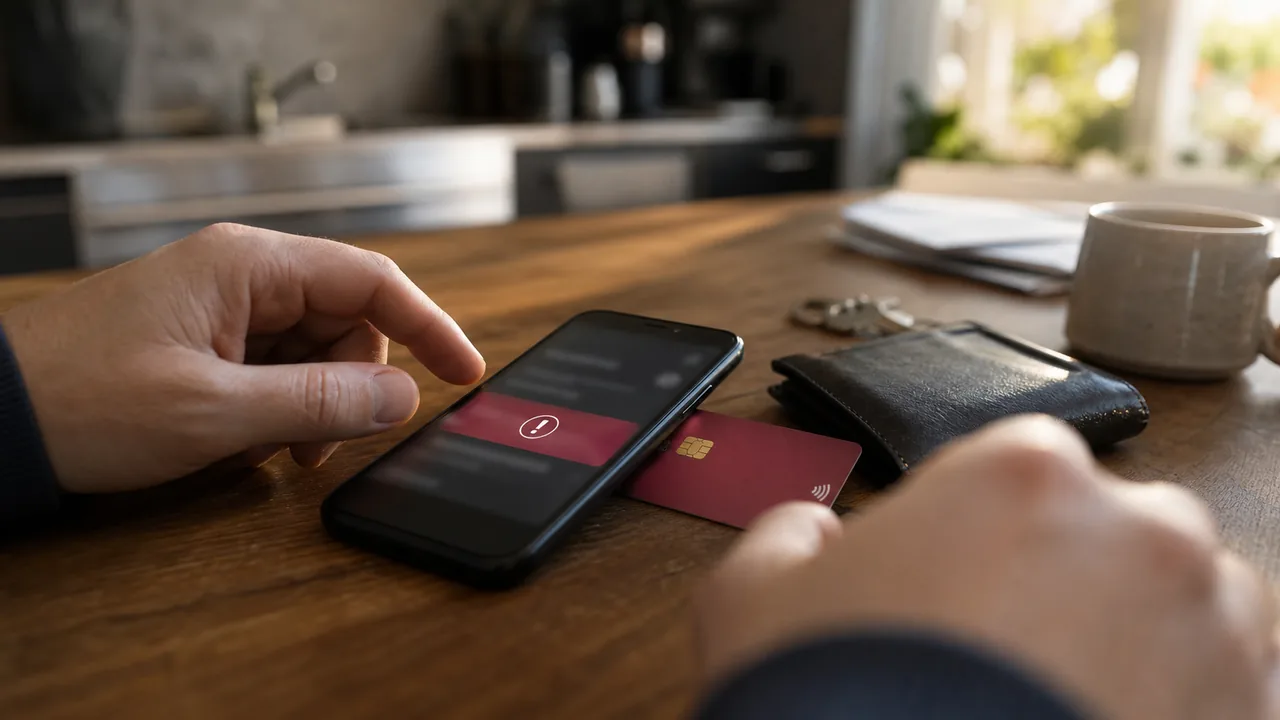 AI-foto van smartphone, bankpas en portemonnee op een keukentafel als beeld bij betaalfraude en gestolen bankpassen.