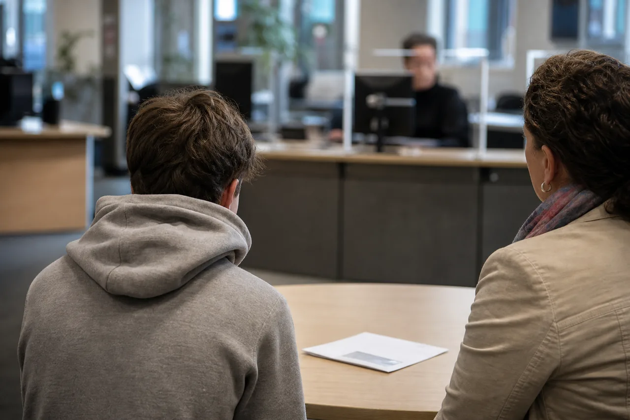 AI-foto van een minderjarige van achteren met ouder of begeleider aan een tafel in een gemeentelijke kantooromgeving als beeld bij dwangsommen voor jongeren.