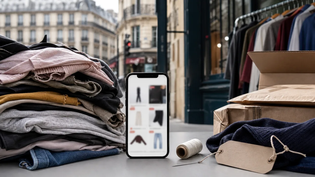AI-foto van goedkope kleding, pakketdozen en een smartphone in een Parijse winkelomgeving als beeld bij het Franse reclameverbod op ultrafastfashion.