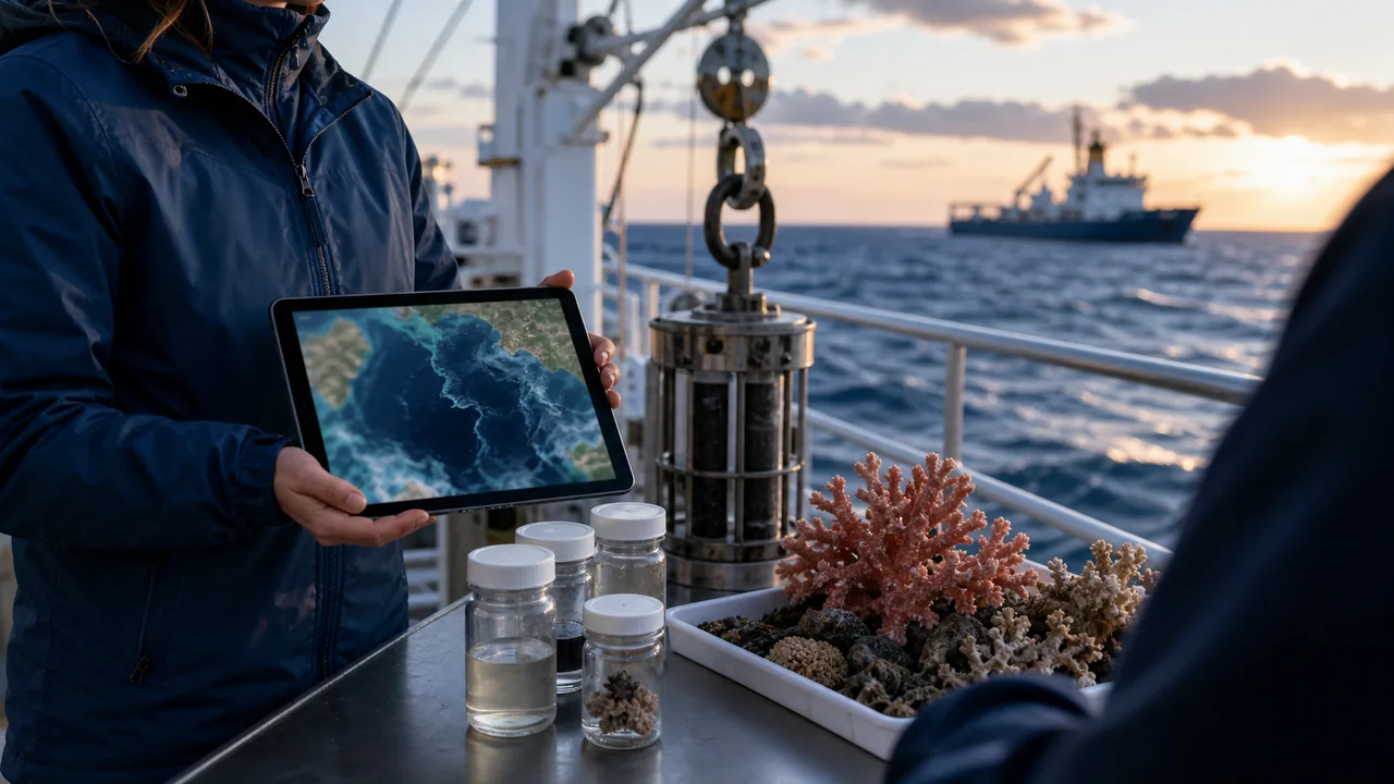 AI-foto van een onderzoeksschip op open zee met tablet, monsterflessen en koraalmodel als beeld bij het VN-verdrag over de hoge zee.