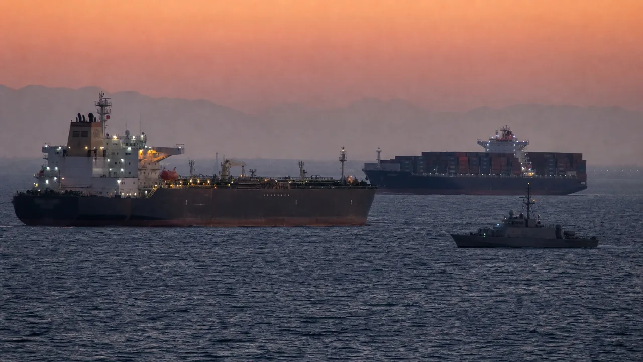 AI-foto van olietankers en containerschip bij schemering in een drukke Golfvaarroute als beeld bij spanning rond de Straat van Hormuz.