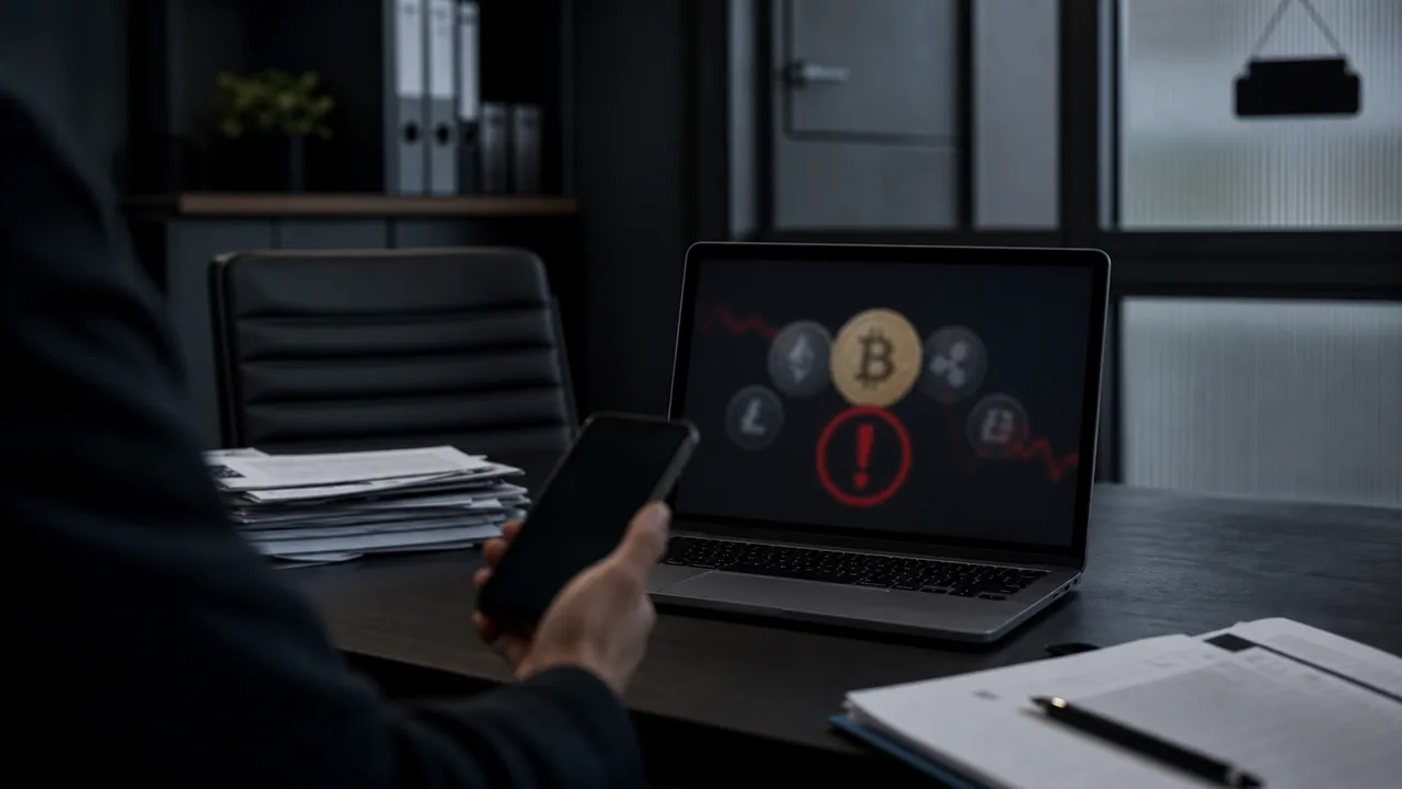 AI-foto van een gesloten fintech-kantoor met laptop, cryptosymbolen en papieren als beeld bij onzekerheid rond een cryptoplatform.