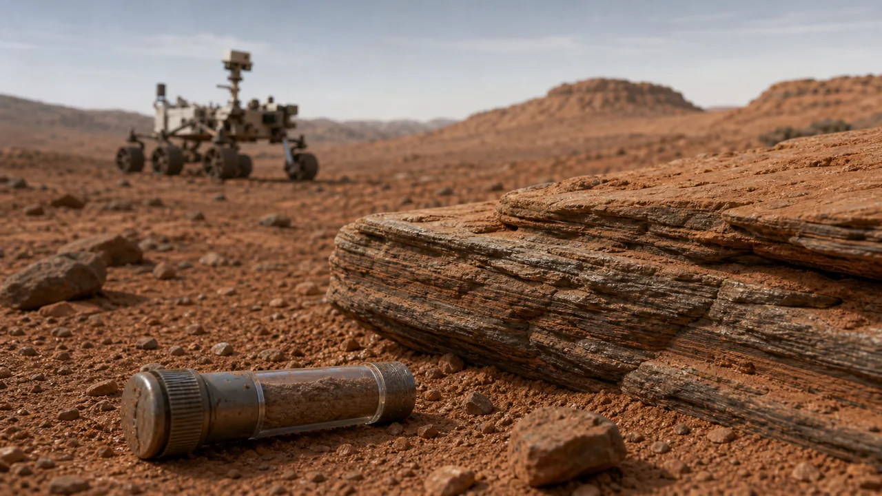 AI-foto van Marsachtig landschap met rovertracks, samplebuis en sedimentlagen als beeld bij organische koolstof in Marsgesteente.