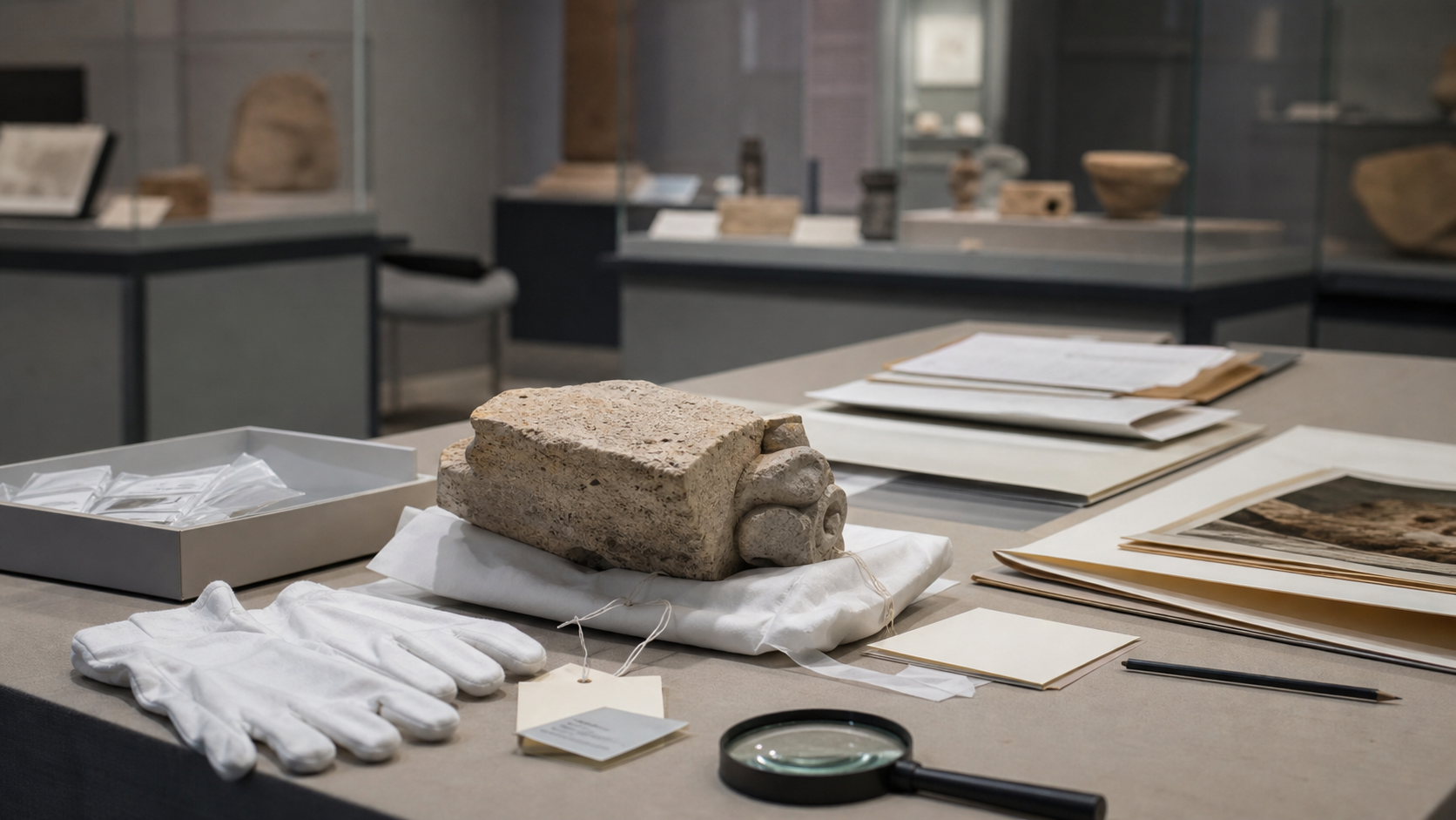 AI-foto van een museumtafel met handschoenen, provenance-dossiers, vergrootglas en een anoniem oud object als beeld bij herkomstonderzoek en roofkunst.