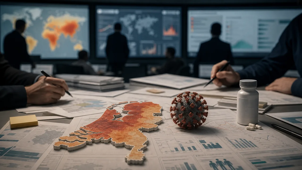 AI-foto van een crisisoverlegtafel met kaart van Nederland, gezondheidsdata en medische symbolen als beeld bij RIVM-polycrisis.