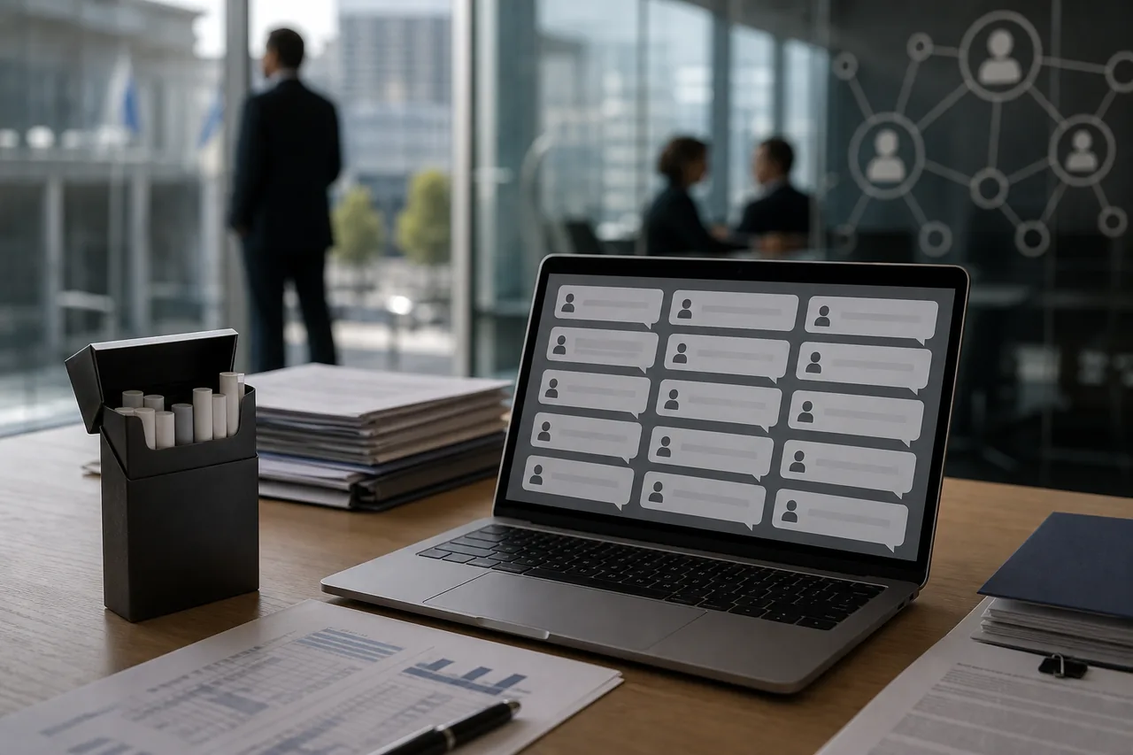AI-foto van een laptop met anonieme reactieballonnen, beleidsdocumenten en een merkloze tabaksverpakking als beeld bij AI-gestuurde inspraak rond EU-tabaksregels.