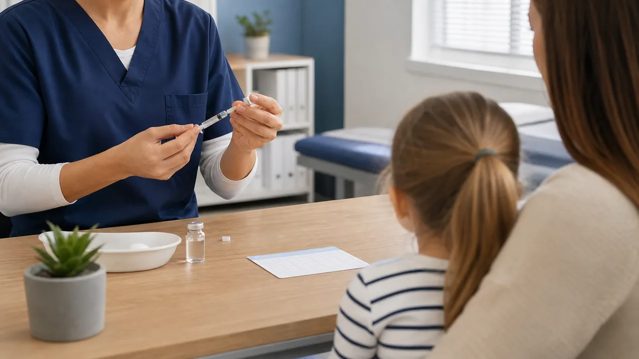 AI-foto van een verpleegkundige met vaccinatiespuit in een Nederlandse spreekkamer, met ouder en kind van achteren als beeld bij vaccinatiegraad.