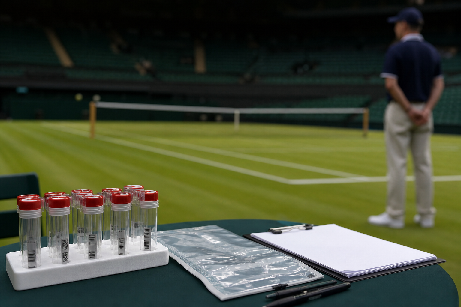 AI-foto van een lege gras-tennisbaan met dopingcontrolebuisjes en een clipboard op een tafel als beeld bij een antidopingzaak rond Wimbledon.