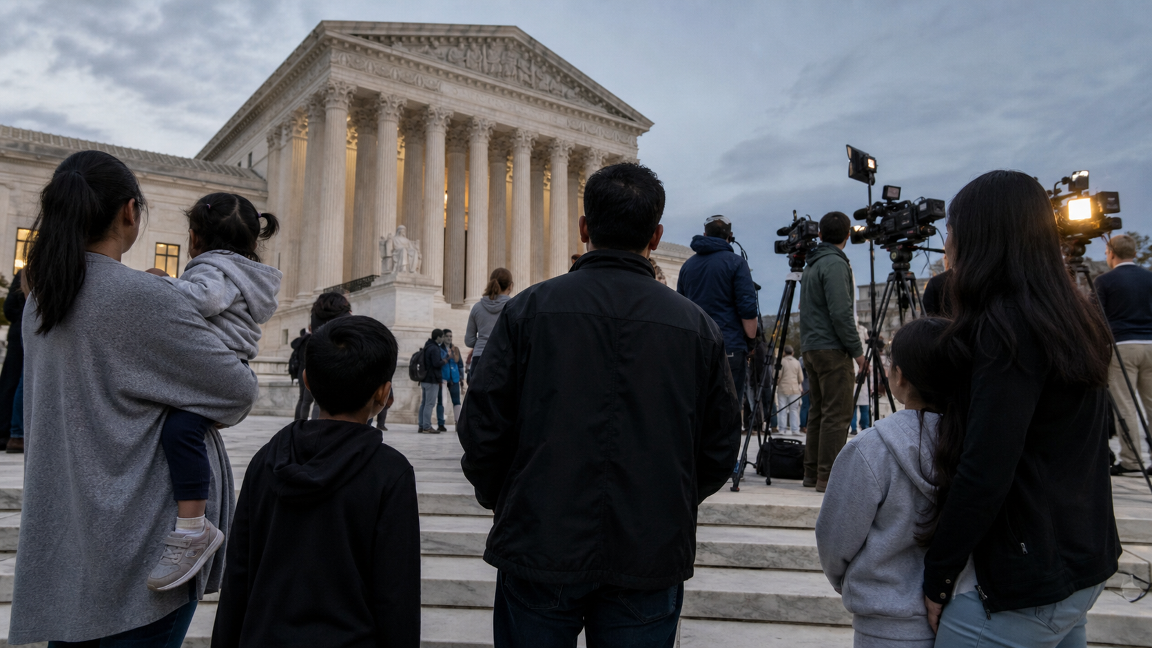AI-foto van een rechtbankachtige trap met families en journalisten als beeld bij een Amerikaanse uitspraak over geboorterechtelijk staatsburgerschap.