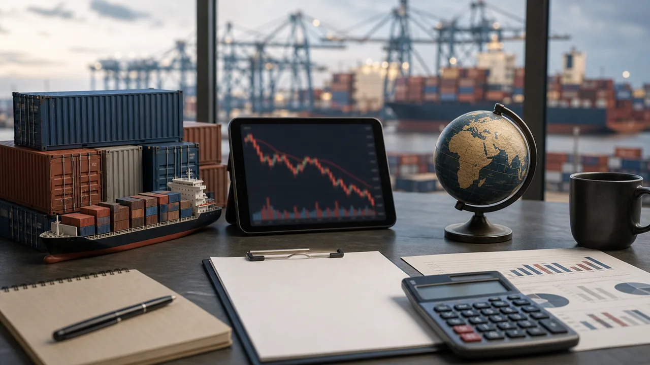 AI-foto van een internationale handelsdesk met containerhaven, grafiek, calculator en wereldbol als beeld bij vertraging van de wereldeconomie.