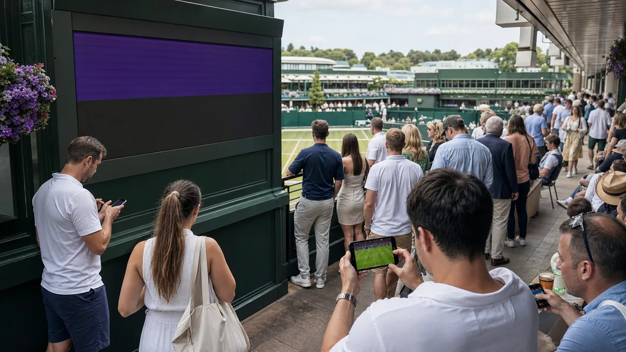 AI-foto van een Wimbledon-achtige tennisomgeving waar toeschouwers op telefoons voetbal volgen terwijl de grote schermen tennisgericht blijven.