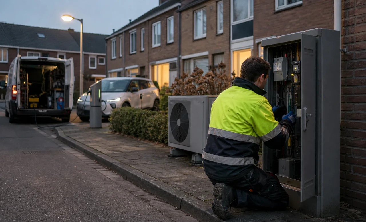 AI-foto van een Nederlandse woonstraat met monteur bij een stroomkast, laadpaal, elektrische auto en warmtepomp als beeld bij zwaardere stroomaansluitingen.