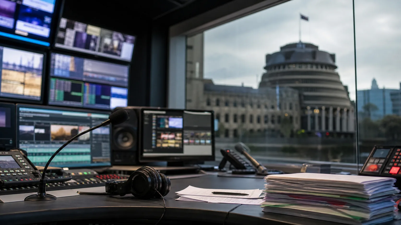AI-beeld van een anonieme moderne redactieruimte met microfoons, koptelefoons en budgetpapieren als beeld bij druk op publieke omroep.