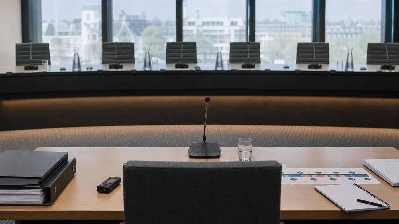 AI-beeld van een lege parlementaire verhoorzaal met microfoon, dossiers en tijdlijn als illustratie bij de parlementaire enquête Corona in Nederland.
