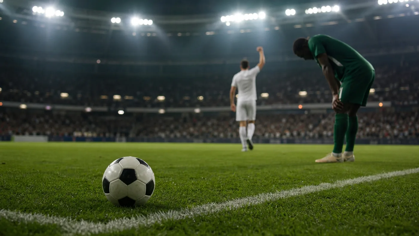 AI-beeld van een anoniem WK-stadionmoment met een voetbal op de voorgrond en twee onscherpe spelers in generieke shirts op afstand.