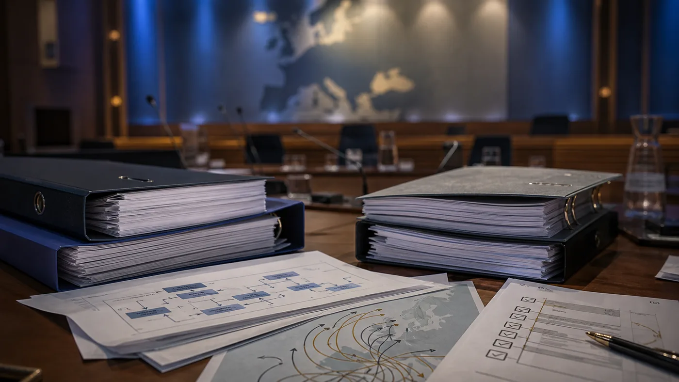 AI-beeld van parlementaire dossiers en procedurekaarten in een Europese vergaderruimte als illustratie bij het EU-Asiel- en Migratiepact.