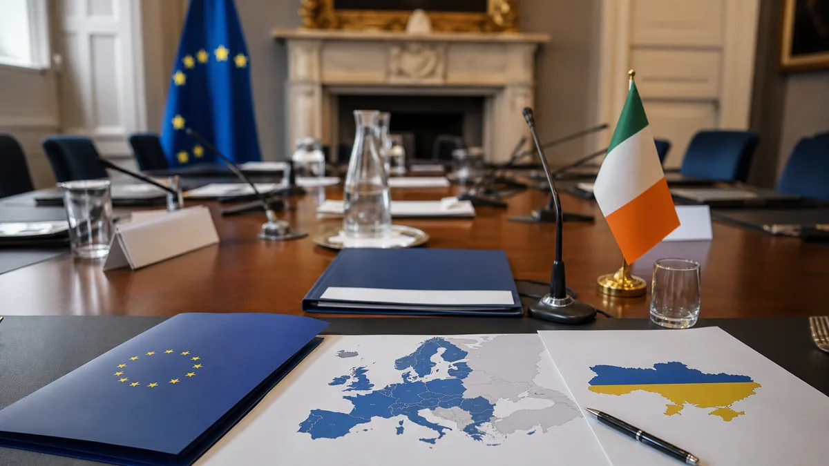 AI-beeld van een Europese vergadertafel met documenten, microfoons en Ierse kleuraccenten als illustratie bij het Iers EU-voorzitterschap 2026.