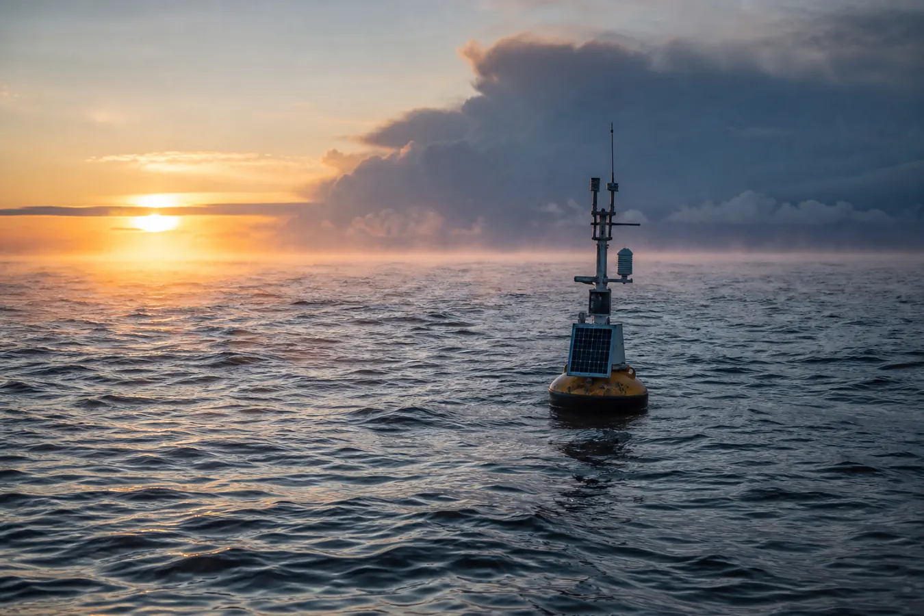 AI-beeld van een meetboei op een warme oceaan bij zonsopkomst als beeld bij recordwarme oceaanoppervlakken.