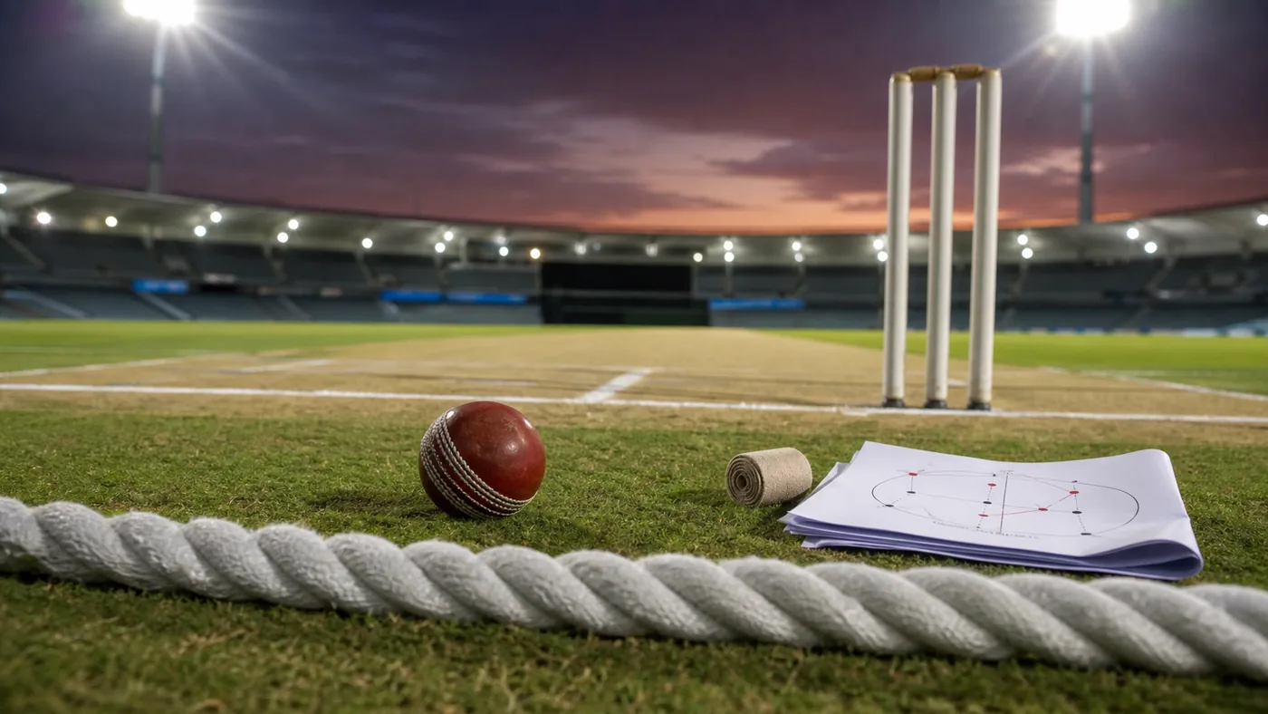 AI-foto van een cricketveld met bal, stumps, tactiekpapier en medische wrap als beeld bij de Women's T20 World Cup.