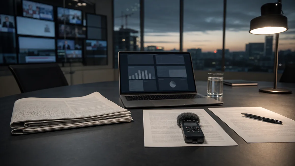 AI-beeld van een anonieme redactietafel met kranten, documenten, schermen en een recorder als beeld bij media-eigendom en mediapluraliteit.